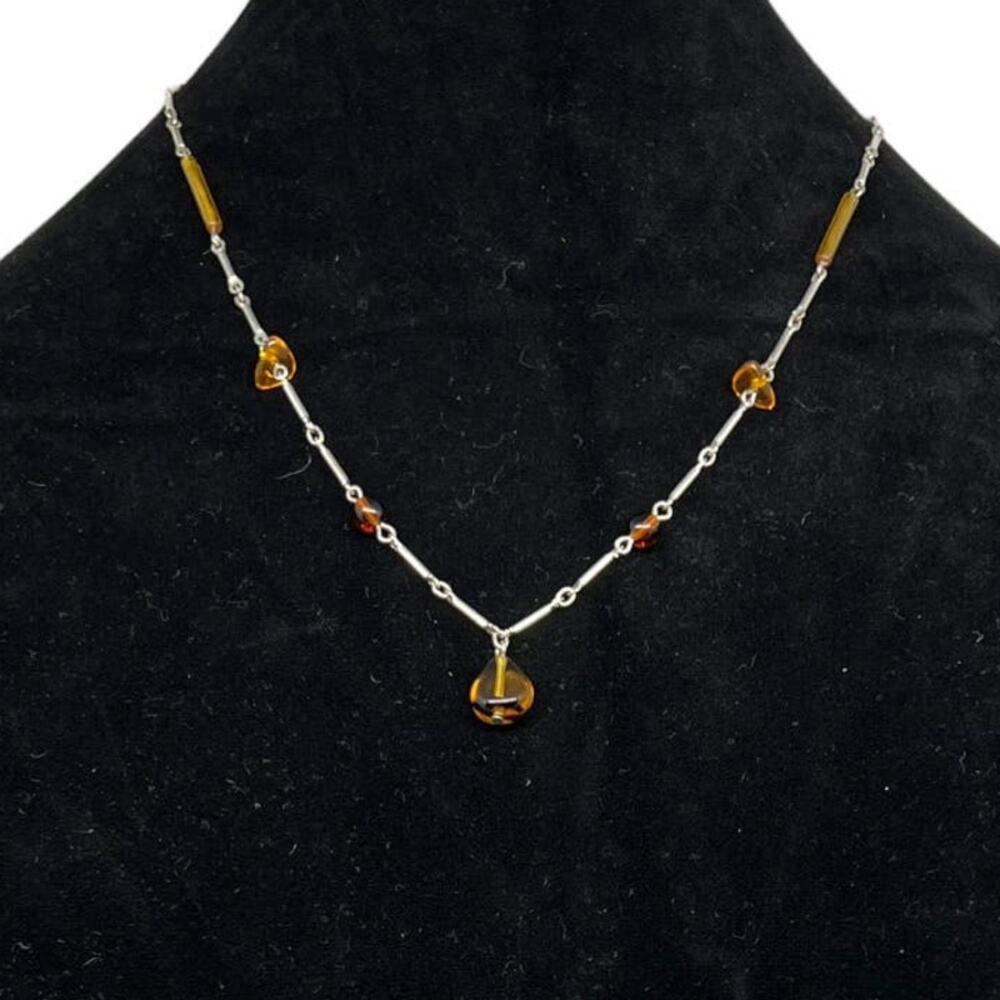Vintage Art Deco Style Amber bead Delicate Chain Necklace Silver Tone Y-Drop